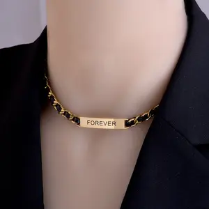 18k Gold Plated Leather Link Necklace Romantic Stainless Steel Signage Chokers Necklaces Vintage Ladies Cuban Chain Necklace