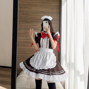 Maid Outfit Cosplay Costume Brown White Red Bow Apron Anime Role Play Game Dress Up Costume Women's Adult Size - Product Image 2