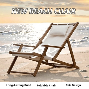 Silla de playa plegable moderna de madera maciza con asiento de tela cómodo, sillón reclinable portátil para exteriores para patio, balcón y camping - Product Image 2