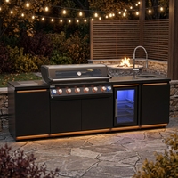 Ensemble complet d'îlots de cuisine extérieurs, barbecue, évier, réfrigérateur, armoires de cuisine modulaires modernes, rangement
