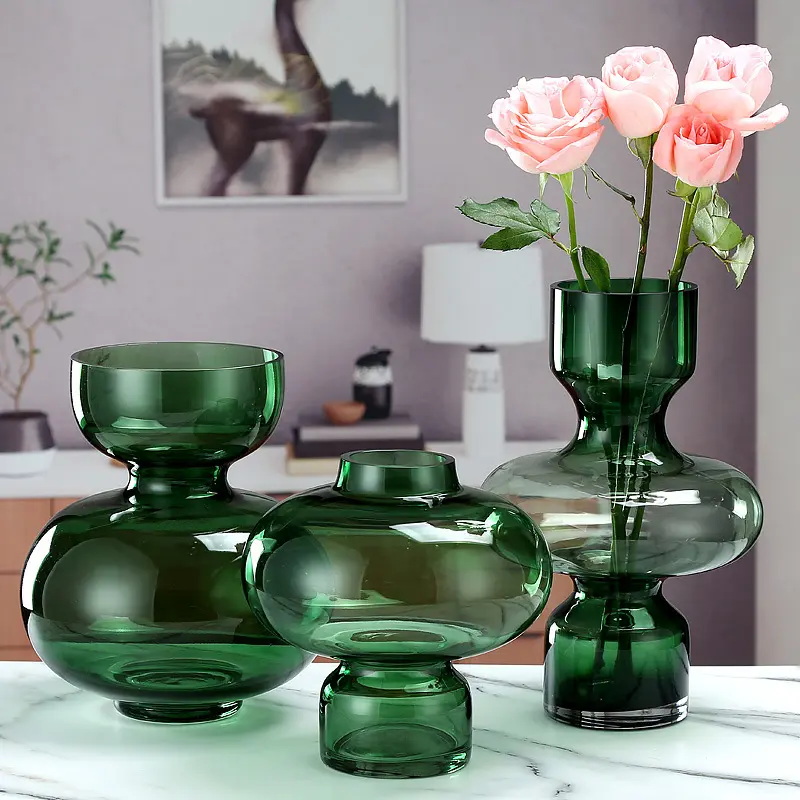 Nordic ins simple round gourd glass vase bottle transparent flower arrangement hydroponics green large colored glass vase