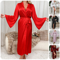 Bata Kimono Larga de Seda Helada para Mujer, Color Liso, Manga Acampanada, Cinturón, Frente Abierto, Ropa de Casa y Exterior