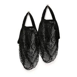 Personnalisé Portable noir Net Crochet Chaîne Réutilisable Shopping Épicerie Sac Fourre-Tout Coton Mesh Sac pour fruits légumes