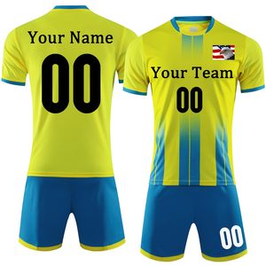 เสื้อฟุตบอลสีน้ำเงินเหลืองแบบกำหนดเองสำหรับผู้ชาย แขนสั้น ระบายอากาศได้ดี พร้อมชื่อทีมและหมายเลข - Product Image 4