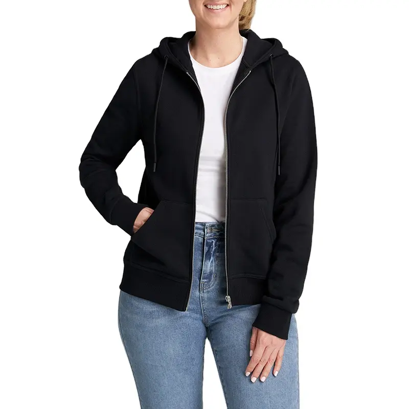 Full Zip-up metal zipper hoodie for women with kangroo pocket and soft and breathable fleece fabrics in puff printing logo tags