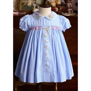 Organic Cotton Embroidery 2-12 Children Clothing Short Sleeve Skirt Plaid Pattern Princess Summer Kids Flower Girl Dresses