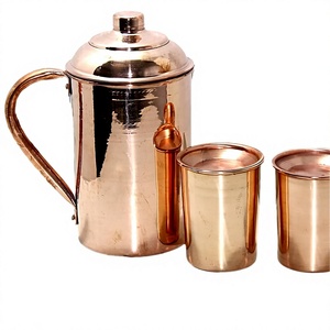 Jarra de cobre con tapa y dos tazas, juego de vasos de estilo vintage para uso en comedor, servidor de bebidas de metal de gran capacidad - Product Image 1