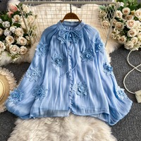 Blus Chiffon Aplikasi Bunga 3D Grosir Musim Panas 2026, Gaya Prancis Chic, Kerah Bulat, Kancing Mutiara, Model Longgar, Warna Ivory
