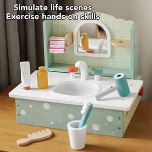 <span class=keywords><strong>Commode</strong></span> de salle de bain en bois lavabo jouet simulation lavabo vanité table ensemble de jeu pour enfant jeu de rôle jouet éducatif - Product Image 3