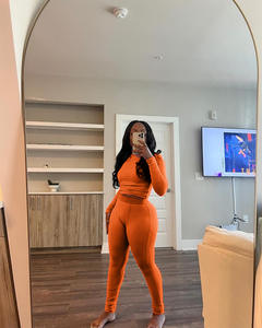 定制秋季春季两件套女式长袖上衣长裤罗纹针织两件套休闲修身两件套女式慢跑者套装 - Product Image 3