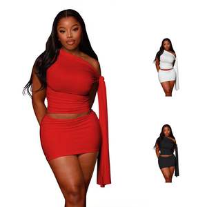 Ensemble jupe courte et haut sans manches décontracté pour femme, en tricot respirant, motif uni, col asymétrique, idéal pour l'automne - Product Image 1