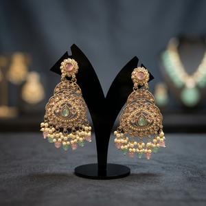 Traditional Antique <b>Gold</b> Plated Kundan Chandbali <b>Earrings</b> Red Gemstone Oversized Statement <b>Dangle</b> <b>Earrings</b> with pearl bead - Product Image 3