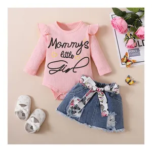 Ms-465 2024 Zomer Mode Pasgeboren Meisje Kleding Sets Letter Bodysuit Denim Rok 2 Stuk Pak Baby Kleding