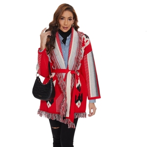 <span class=keywords><strong>Cardigan</strong></span> Invernale Boho con Motivi Geometrici Jacquard, Oversize, Maniche Lunghe, Colletto con Nappine Vintage, <span class=keywords><strong>Rosso</strong></span> - Product Image 6