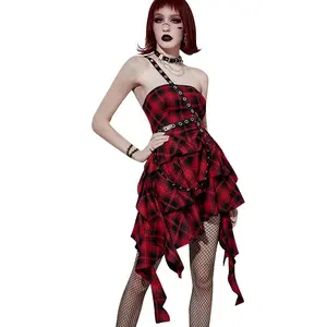 Women Y2K Style strapless printed plaid color work to office irregular Mini Dress 2023