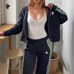 Ensembles de jogging personnalisés pour femmes, survêtements à rayures latérales, ensemble deux pièces rayé pour femmes, sweat à capuche à <span class=keywords><strong>double</strong></span> fermeture éclair et pantalon de survêtement à jambes larges - Product Image 5