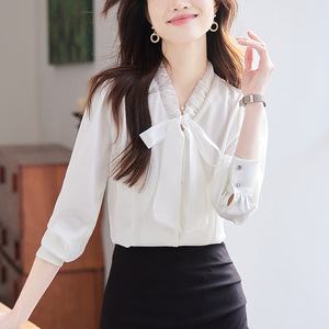 Women's White Blouse With Bow Tie Long Sleeve Solid Color Office Shirt Poplin Fabric Q9952 - Product Image 3