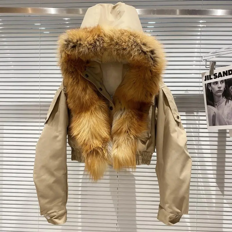 OUDINA – manteau d'hiver en fourrure de renard avec capuche, veste courte à capuche pour femme