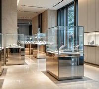 Vitrine sur pied en acier inoxydable miroir pour bijouterie haut de gamme, présentoir en verre pour bijoux de luxe