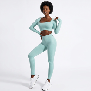 Ensemble de yoga 2 pièces vert menthe : Leggings taille haute et crop top col carré à manches longues, sans couture, en Spandex et Polyester, pour la gym et l'entraînement - Product Image 2