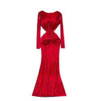 Robe longue élégante à manches longues, col carré, devant torsadé, ornée de strass, style sirène, pour soirée