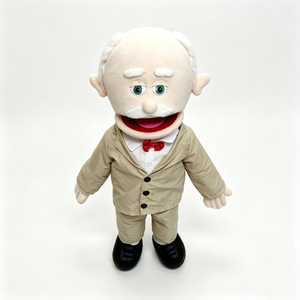 Marioneta de Mano de Peluche de Abuelo Anciano con Boca Móvil, Traje Beige de Ventriloquista, Lazo Rojo, Accesorios de Cumpleaños, Malla - Product Image 3