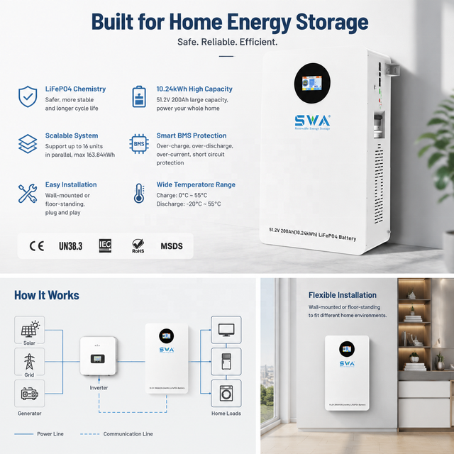 51.2V 200Ah LiFePO4 Battery 10kWh Solar Home Energy Storage Medium Capacity BMS LCD Display 6000 Cycles Off Grid Backup Power
