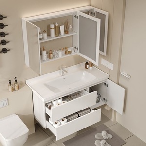 Mueble de baño con lavabo integrado de cerámica y acero inoxidable engrosado, estilo Cream Wind. - Product Image 4