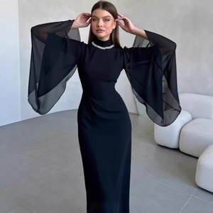 Nuovo Abito Lungo Estivo 2026 all'Ingrosso con Perle e Rete, Stile Francese Chic ed Elegante, Nero a Vita Alta con Maniche Svasate, per Feste - Product Image 2