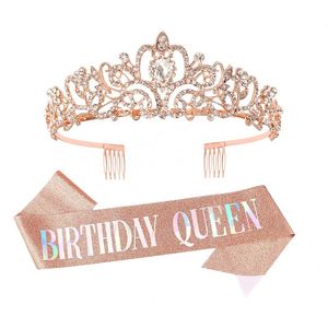 Suministros para Fiestas, Corona de Diamantes de Imitación en Oro Rosa, Banda Brillante para Cumpleaños, Set de Tiara - Product Image 1