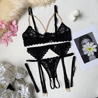 OEM 맞춤형 4피스 블랙 가슴 노출 브라 팬티 가터벨트 란제리 세트 섹시 여성용 시스루 란제리