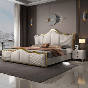 Cama de cuero tapizada de lujo, nuevo diseño, marco dorado, cama tamaño King Queen para el hogar, Hotel, apartamento - Product Image 5