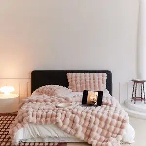 Pink Blue Macaron Colors Luxury Bubble Fleece Winter Blankets Bedding Faux Rabbit Fur Blanket Fluffy Blanket With Pillow