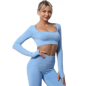 Sexy Women Yoga Tops High Elastic Long Sleeve Workout Top Seamless Sport Crop Top Gym Shirt Jogging Wear