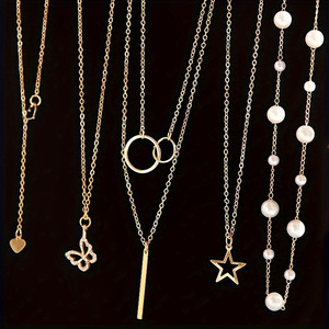 Conjunto <span class=keywords><strong>de</strong></span> collar <span class=keywords><strong>con</strong></span> colgante <span class=keywords><strong>de</strong></span> moda americana europea, <span class=keywords><strong>estrella</strong></span> <span class=keywords><strong>de</strong></span> <span class=keywords><strong>5</strong></span> <span class=keywords><strong>puntas</strong></span>, círculo, mariposa, corazón, perla, aleación <span class=keywords><strong>de</strong></span> Zinc chapada en oro - Product Image 2