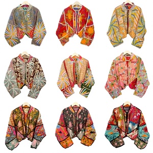 Handmade Vintage 100% Cotton <b>Kantha</b> Quilted <b>Jacket</b> Block Print Floral Design Mandarin Collar Open Front Spring/Autumn - Product Image 1
