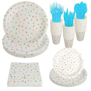 Werbeaktion: Winziges Dreieck-Design, Allover-Siebdruck, Einweg-Weißes Thanksgiving-Geschirr-Set, Pappteller, Becher, Servietten - Product Image 1