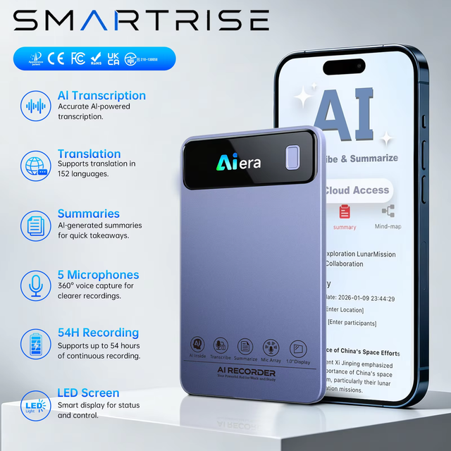 Card Magnet AI Voice Recorder ChatGPT Dictaphone Digital Real-Time Transcription Translation 5 Mic 360 Noise Reduction WiFi