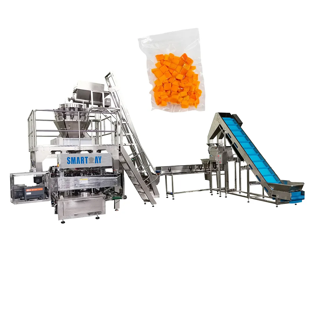 Automatic Filling Sealing Vacuum Flush Premade Bag Diced Sliced Tomatoes Packing Line Fresh Fruit Cube Packaging Machine