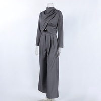Ensembles de pantalons d'été chics en gros : Blazer plissé à col montant et pantalon large taille haute – Tenues élégantes pour femmes de bureau