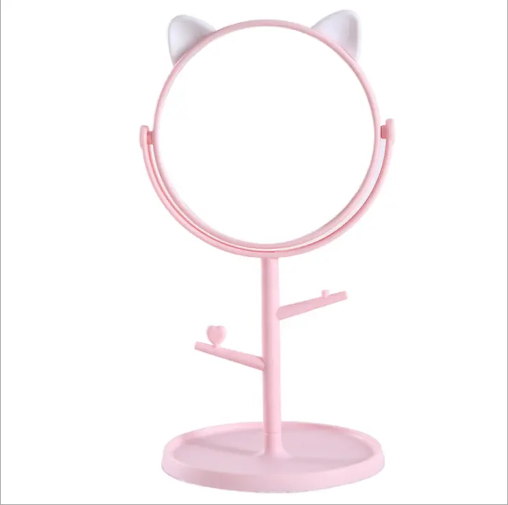 Красивое круглое пластиковое дизайнерское розовое вращающееся настольное зеркало для макияжа с кошачьими ушками