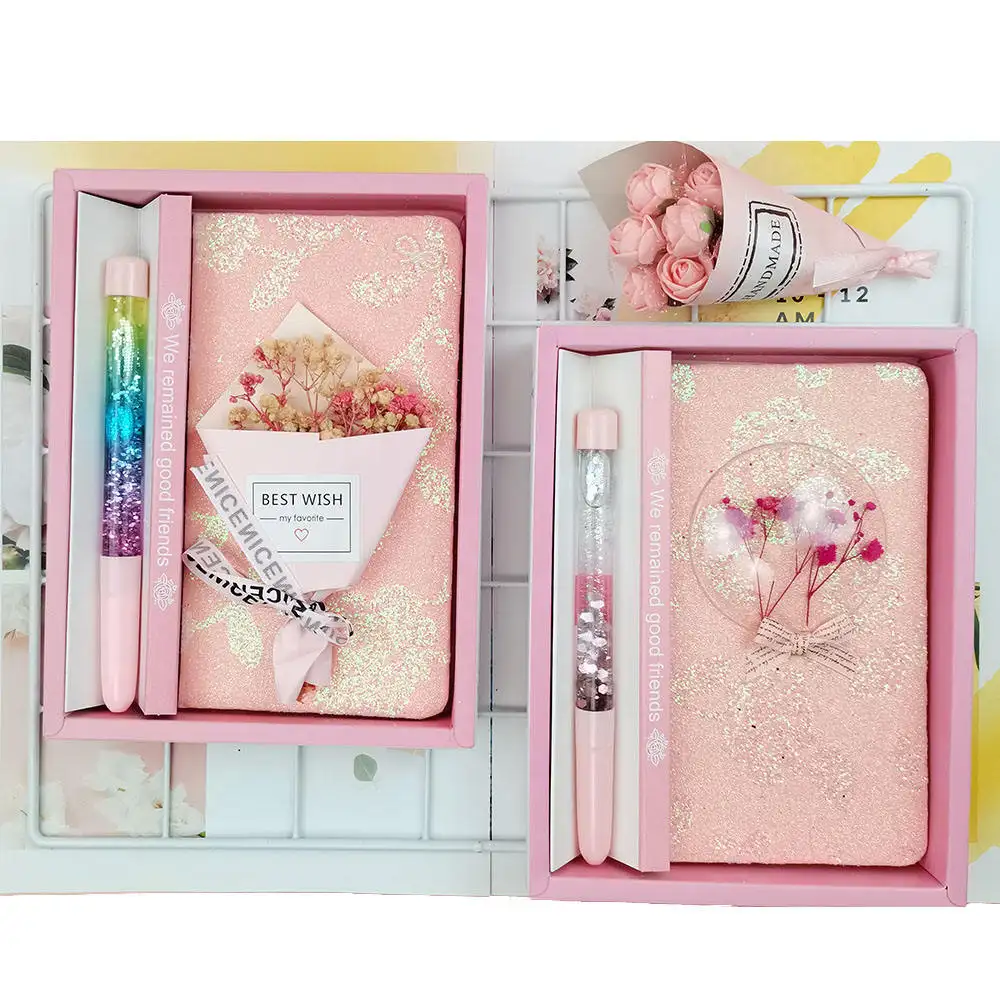 Wholesale Cheap Pink Flower Collection Glitter Girl Pvc Cover Notebooks And Pen, Suitable For Students Stationary set