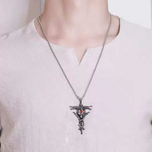 Punk-Mode Titan-Stahlkette für Männer, Legierung Doppeldrachen-Schwert-Anhänger Choker <span class=keywords><strong>Ring</strong></span>, Vintage Böser Blick Kreuz Schmuck Geschenk - Product Image 4