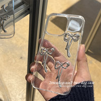 Coque de téléphone transparente en époxy avec nœud 3D argenté et paillettes, style Spicy Girl tendance, pour iPhone 11 12 13 14 15 Plus 16 17 18 Pro Max