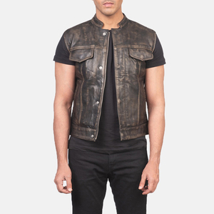 Chaleco de Motociclista de Cuero Genuino para Hombre, Cuello Alto, Cierre de Botones, Color Sólido, Ropa de Abrigo de Otoño, Corte Regular - Product Image 6