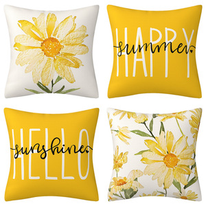 Housse de coussin carrée en tissu imitation lin jaune vif été 2026, motif fleur de marguerite, impression « Hello Happy Summer » - Product Image 1