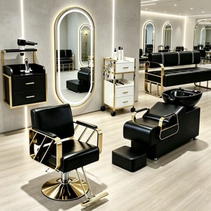 2026 Seats Barber Styling Station Gold Black Furniture Set for Hair Salon Shop Custom <b>Desk</b> Bowl <b>Mirror</b> Waiting Sofa Package - Product Image 1