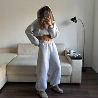 Setelan Hoodie Crop Wanita dengan Ritsleting Setengah, Celana Jogger Longgar dengan Tali Serut, Dua Potong, Kasual, Gaya Jalanan, untuk Bersantai