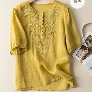 Women's Embroidered Round Neck Blouse Khaki Cotton Linen Loose Fit Vintage Style Everyday Wear - Product Image 5