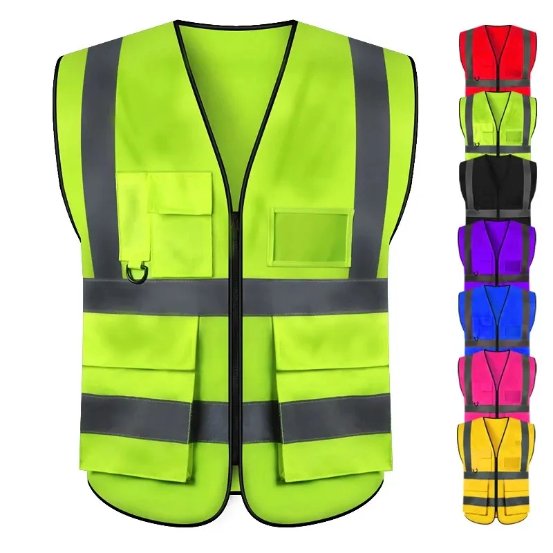 High Visibility Reflective Vest Safety Cloth Warning Waistcoat Fluorescent Workwear With Pocket Motorcycle Jacket Clothing